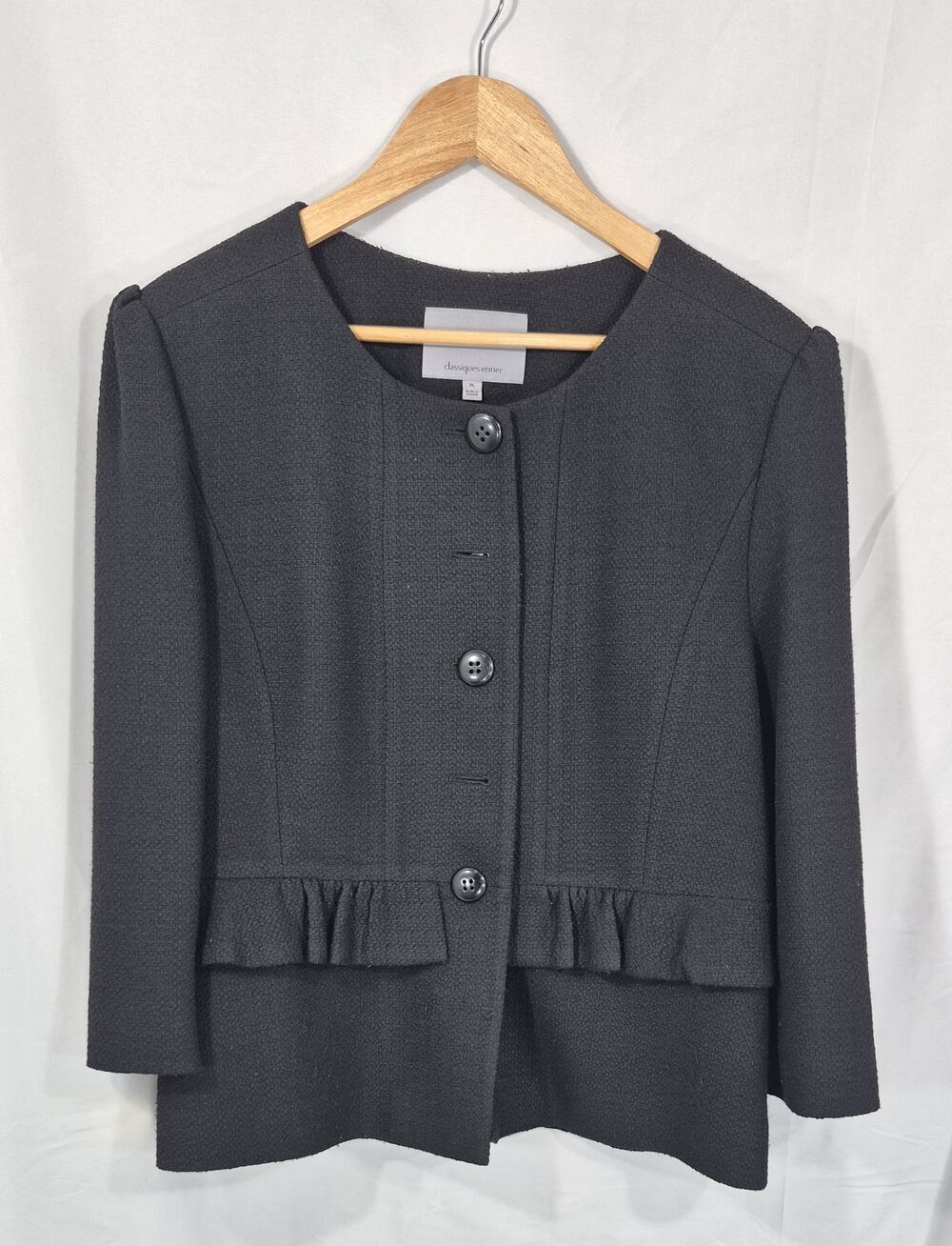 Classiques Entier Black Textured Bouclé Ruffle Trim Collarless Jacket XL